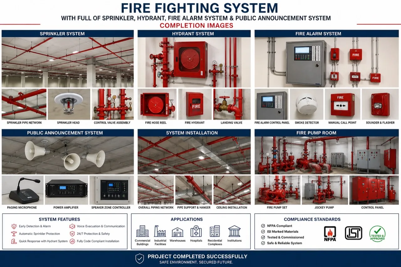 Fire fighting system — sprinklers, hydrants, alarm and pump room