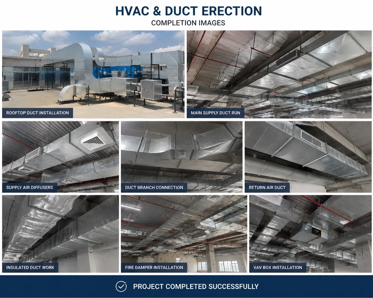 HVAC and duct erection — supply ducts, diffusers and VAV boxes